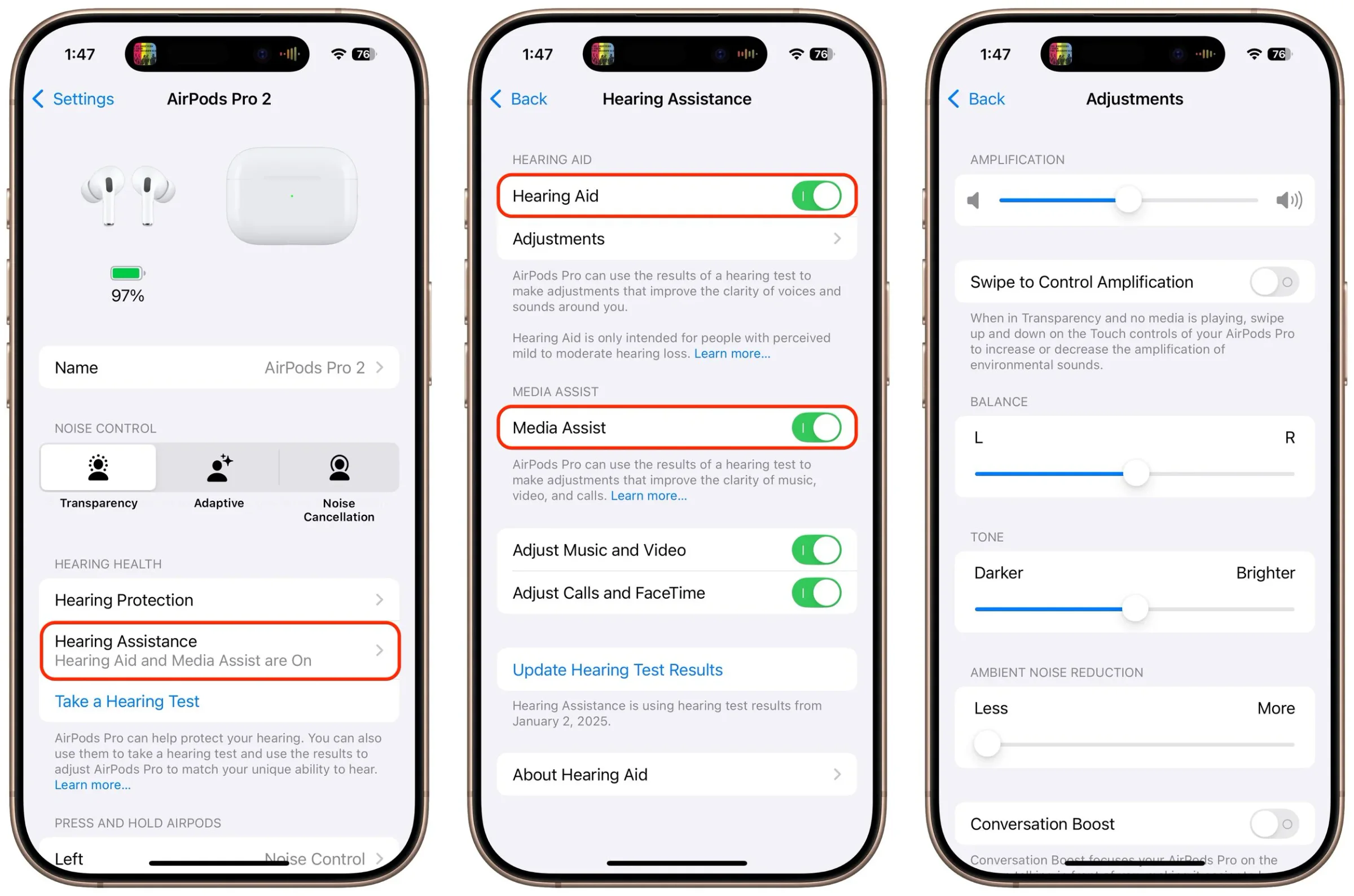 Three iPhone screens showing AirPods hearing assistance and Media Assist settings
