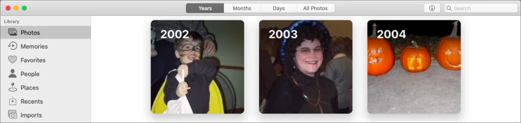 Mac Photos app showing the Years view
