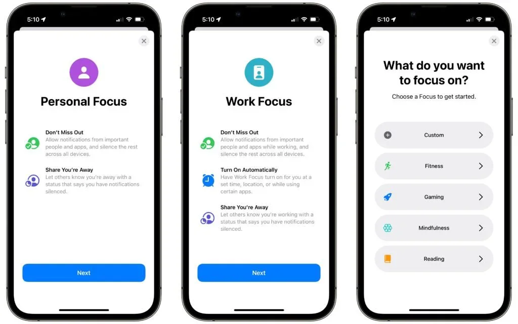 Three iPhones showing the initial steps for creating a Focus mode