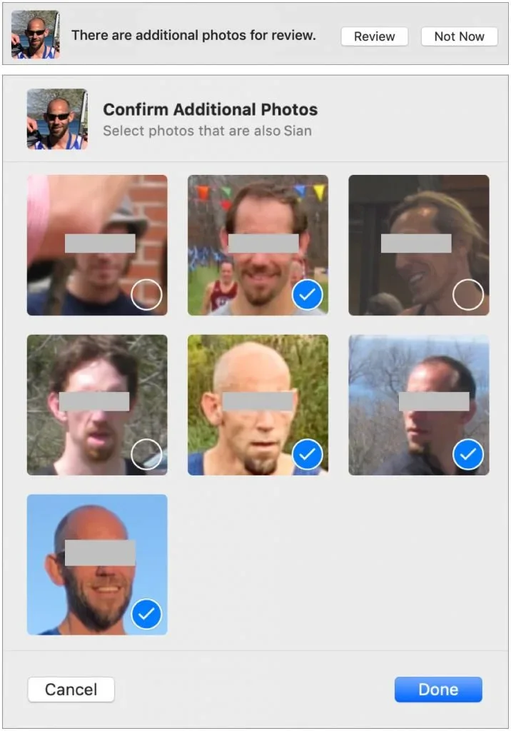 Photos app identifying additional pictures of a selected person