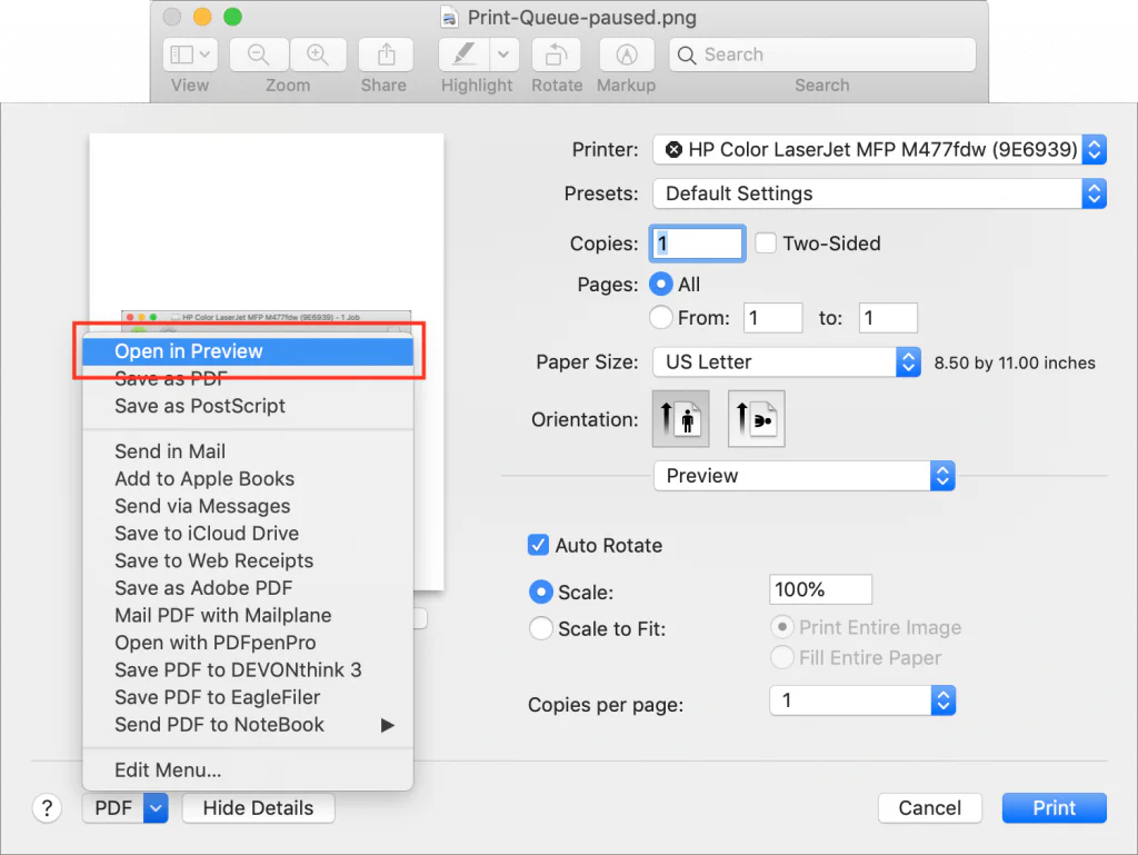 Mac print dialog with the Open in Preview command highlighted