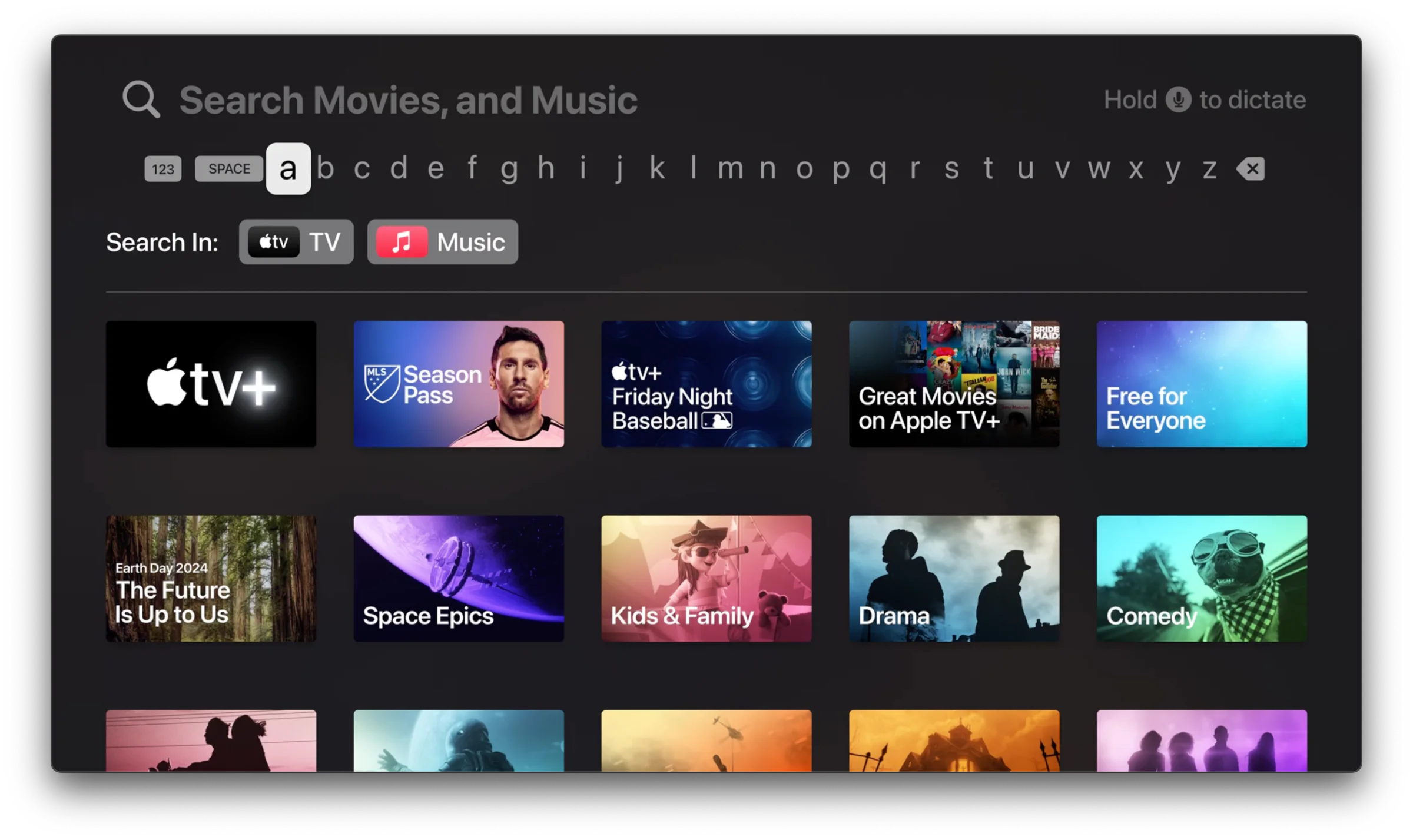 Apple TV search results displayed as a grid of movies and shows