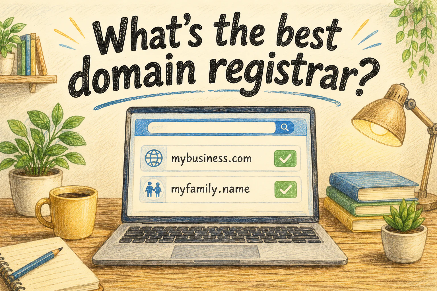 A colored pencil illustration of a laptop showing a domain registration page on a wooden desk, website is labeled with example domain names, with the post title displayed above