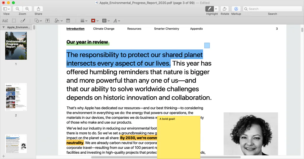 screenshot showing - Apple_Environmental_Progress_Report_2020.pdf (page 3 of 99) - Edited Q Search View