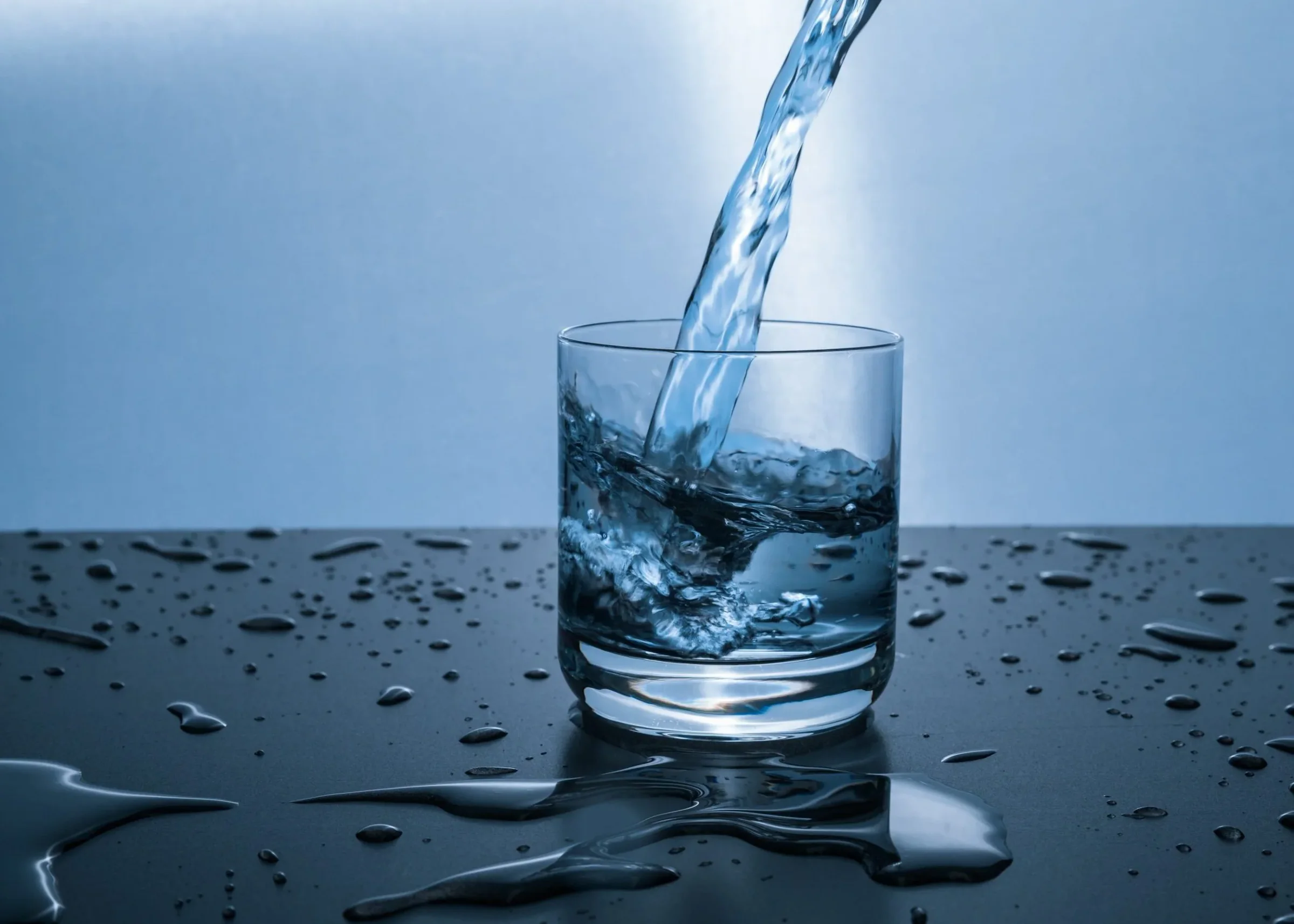 Water pouring into a glass and splashing onto the table