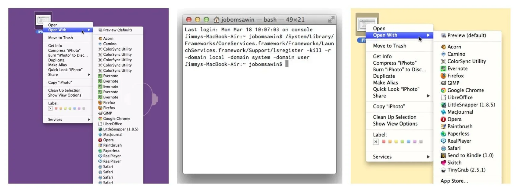 Three Mac Open With menus containing duplicate application entries