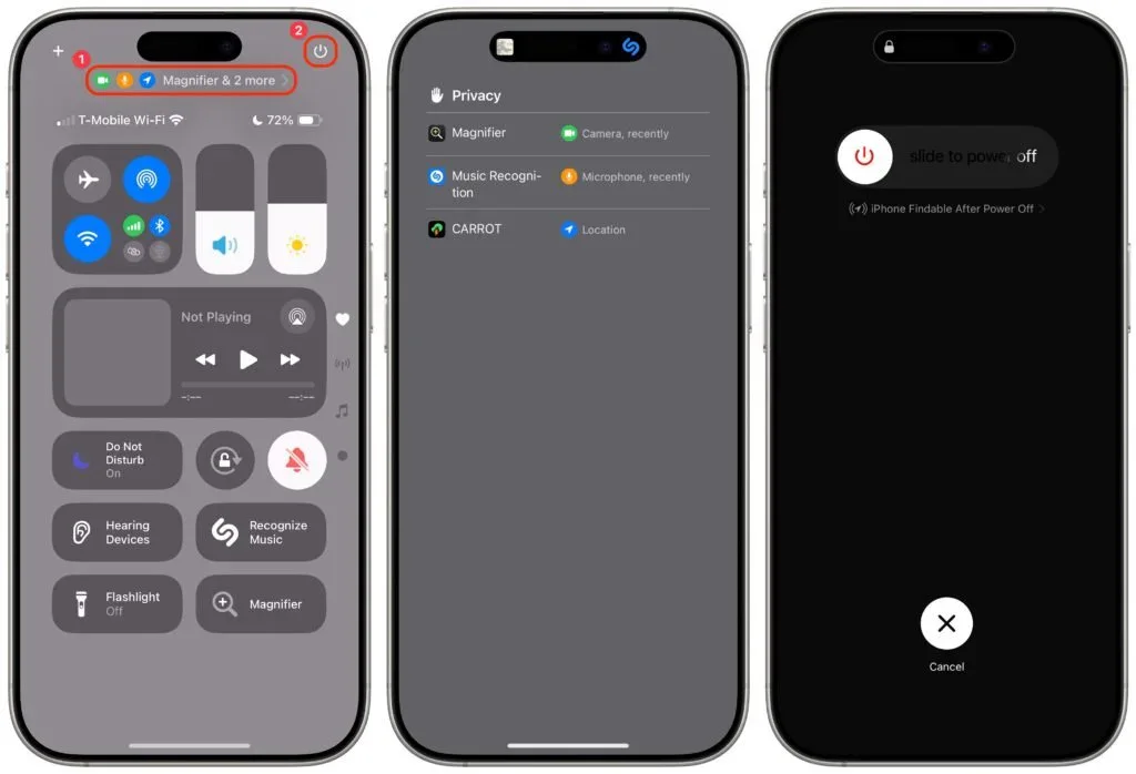 Three iPhone screens showing Control Center privacy indicators and power controls