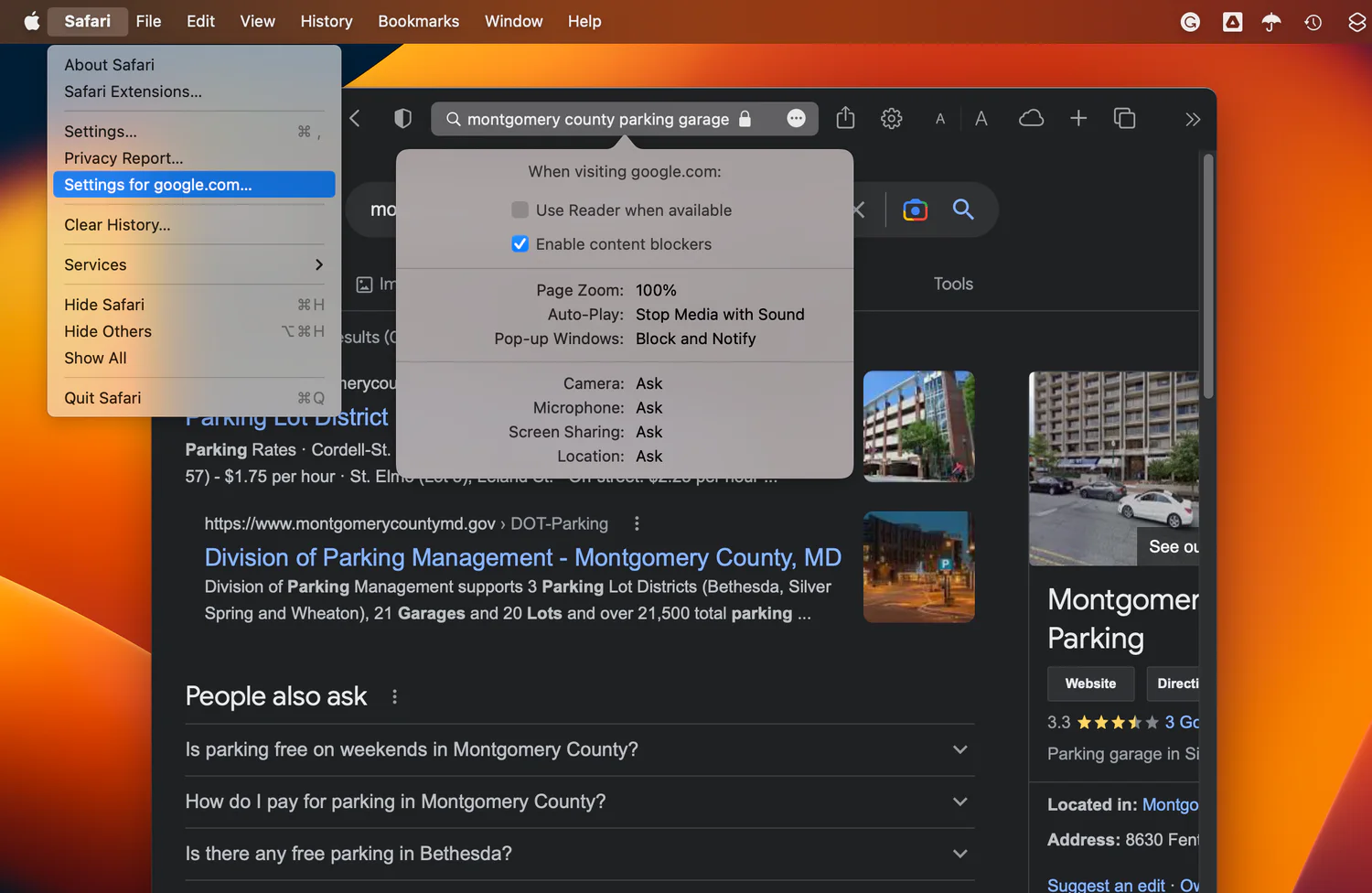 Safari Settings for a website on Mac with the Location permission menu open