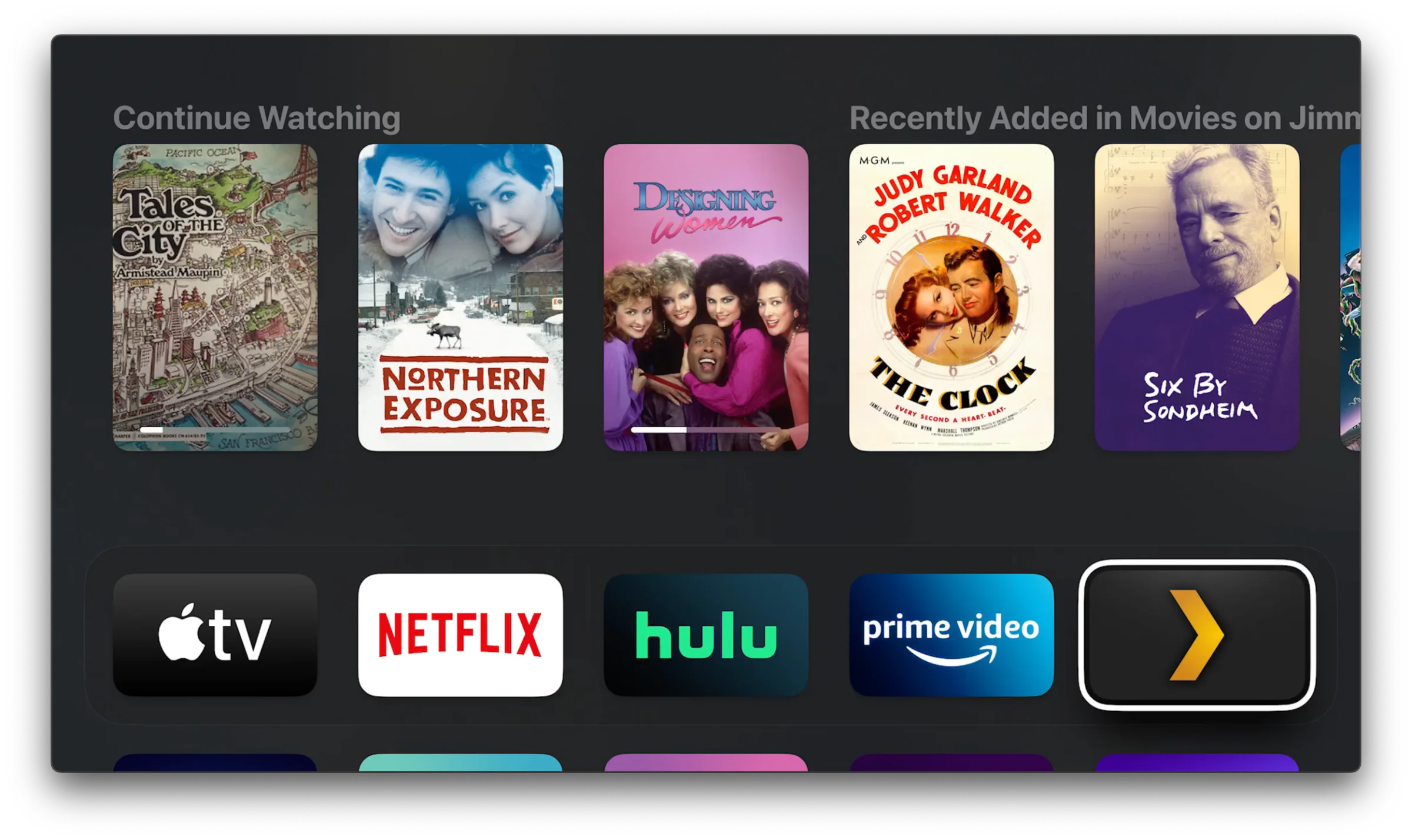 Apple TV home screen with a subtle focus indicator around the selected app