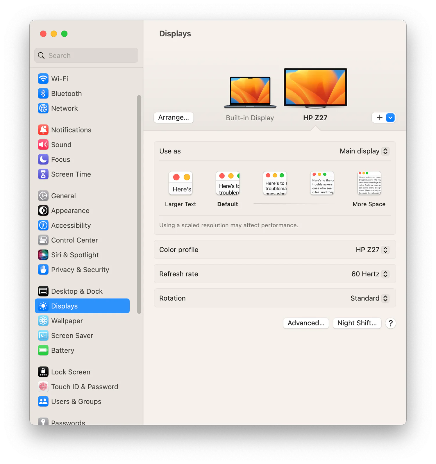 macOS Displays settings showing the Larger Text scaling choices
