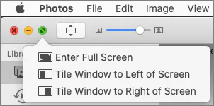 Mac window menu offering full screen and left or right tiling options