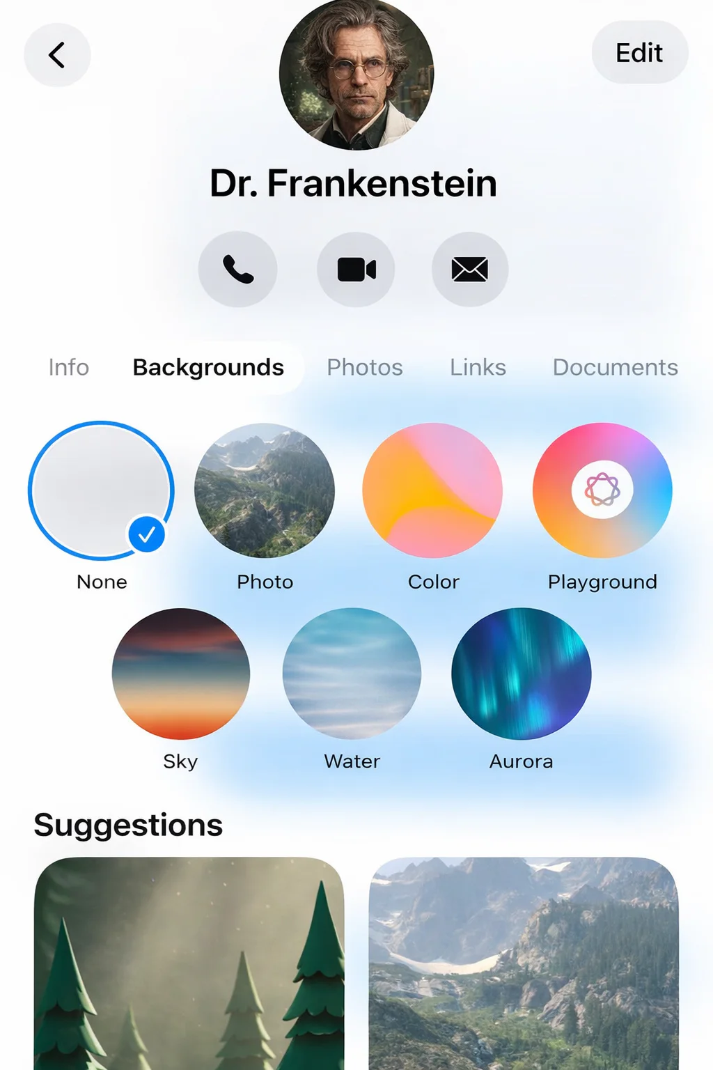 iPhone screenshot showing Dr. Frankenstein Info Backgrounds