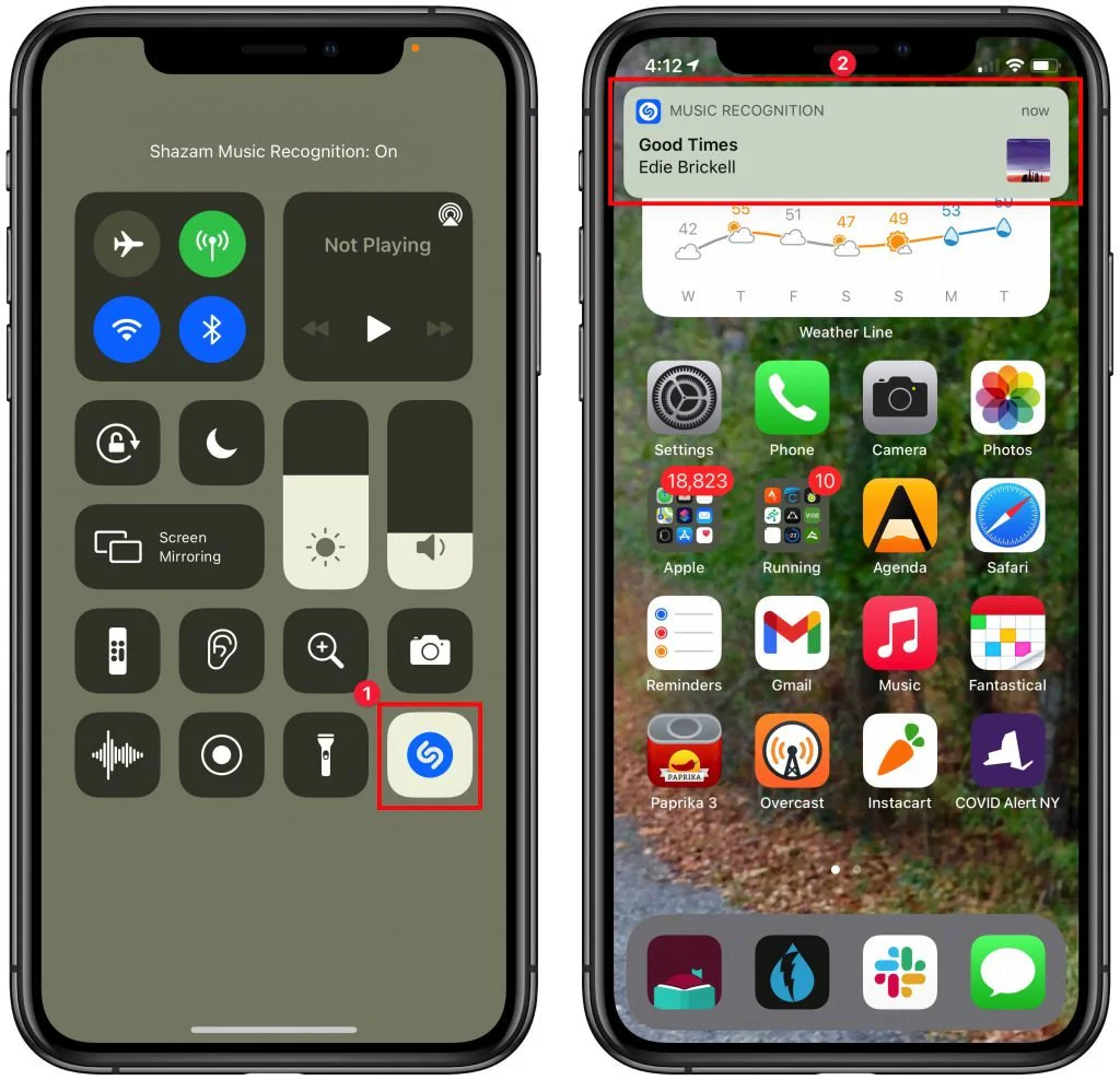 iPhone Control Center with the Music Recognition button highlighted