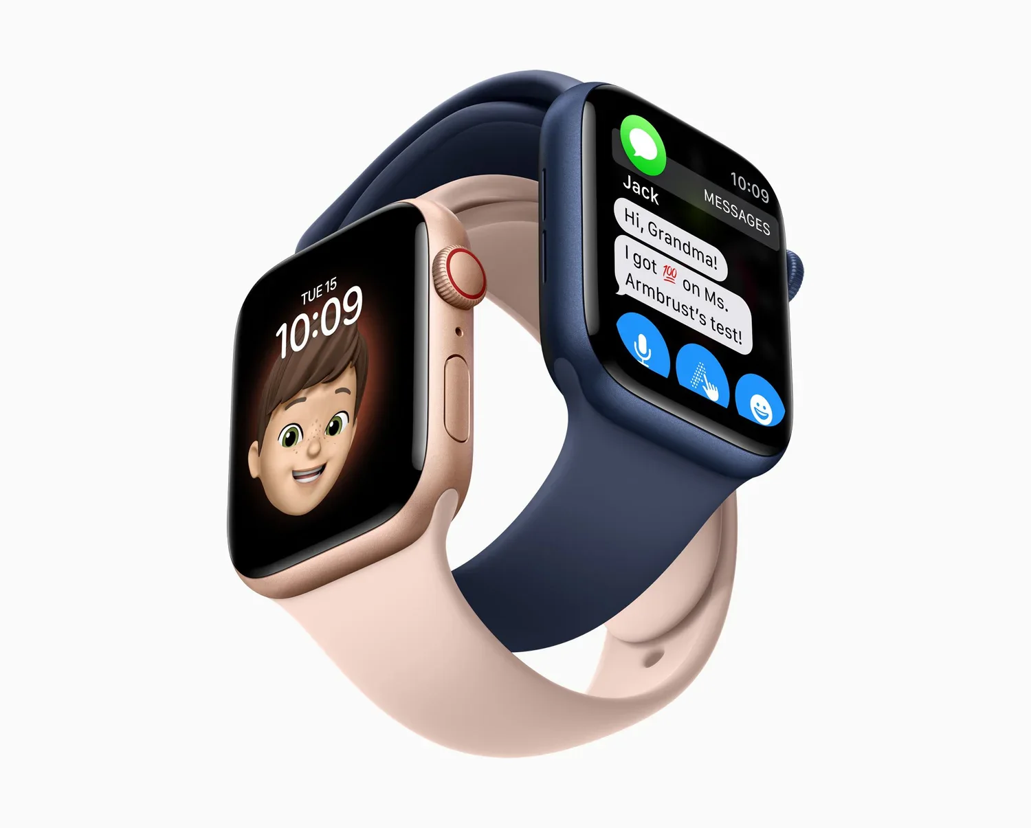 Two Apple Watches displaying Memoji and family communication features