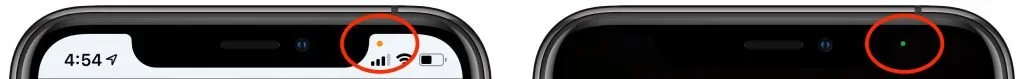 Two iPhone status bars with the orange microphone and green camera indicators circled