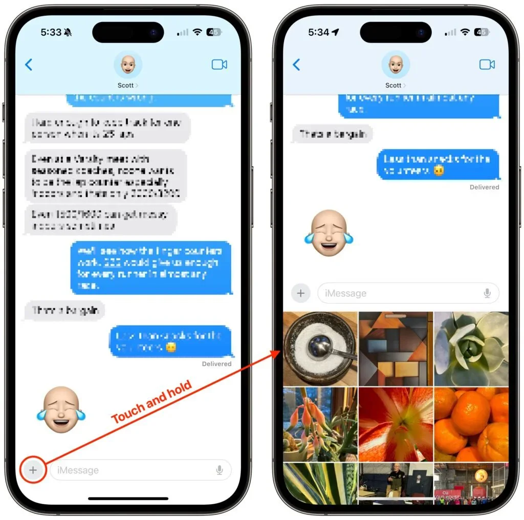 Two iPhone Messages screens showing the Photos button and recent photo picker