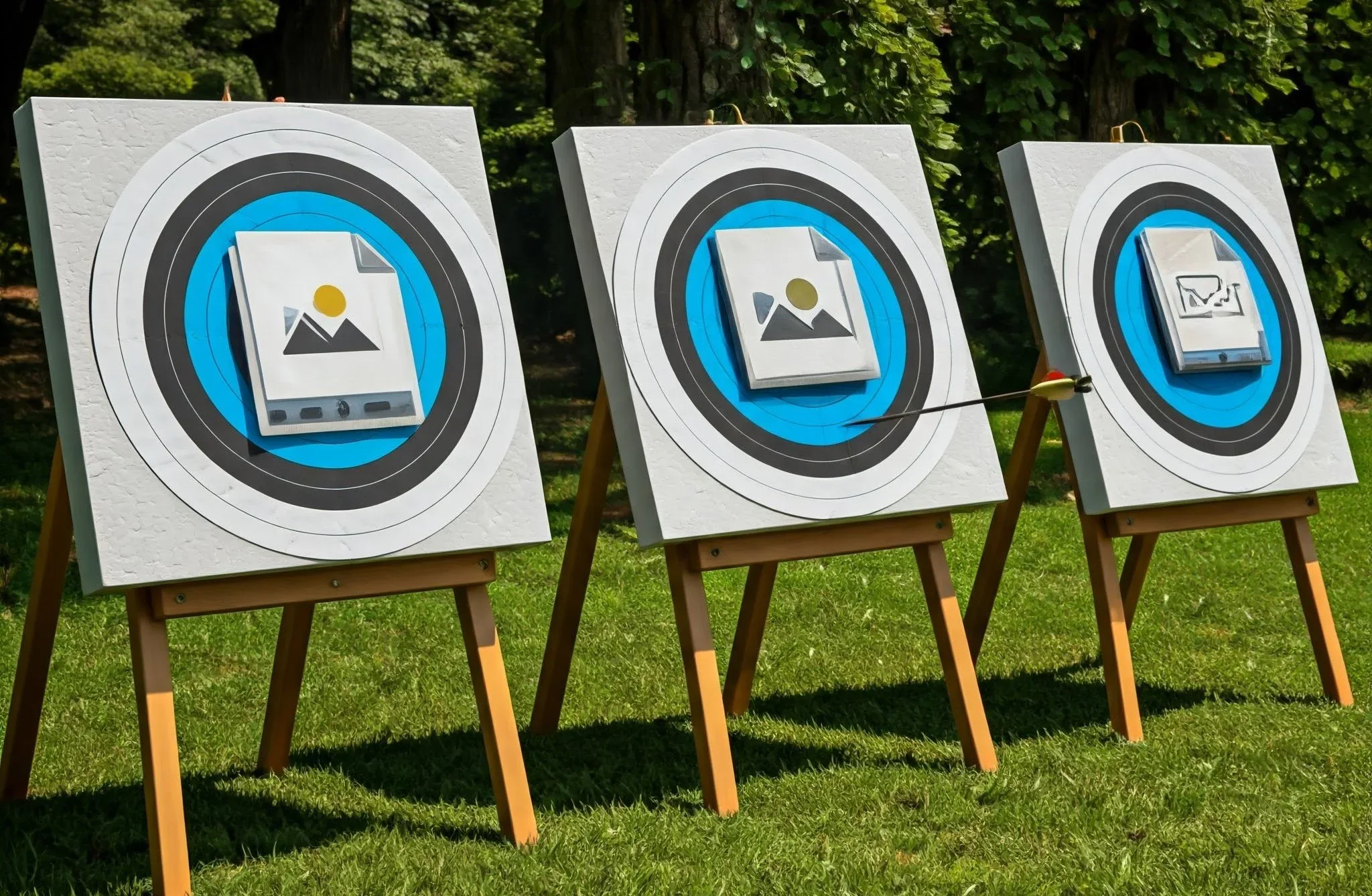Three archery targets with file icons grouped differently, representing methods of selecting files