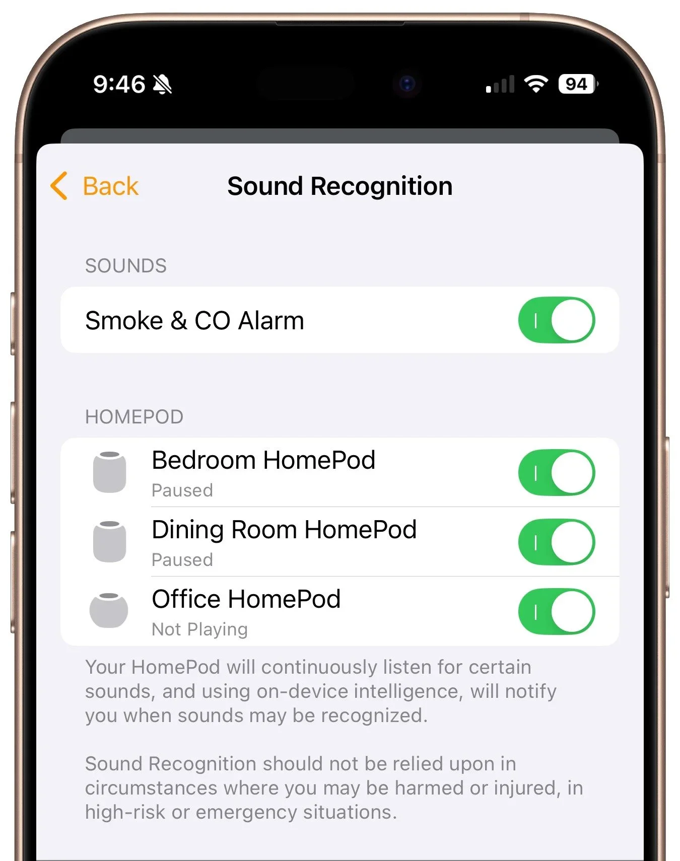 Home app Sound Recognition settings for smoke and carbon monoxide alarms