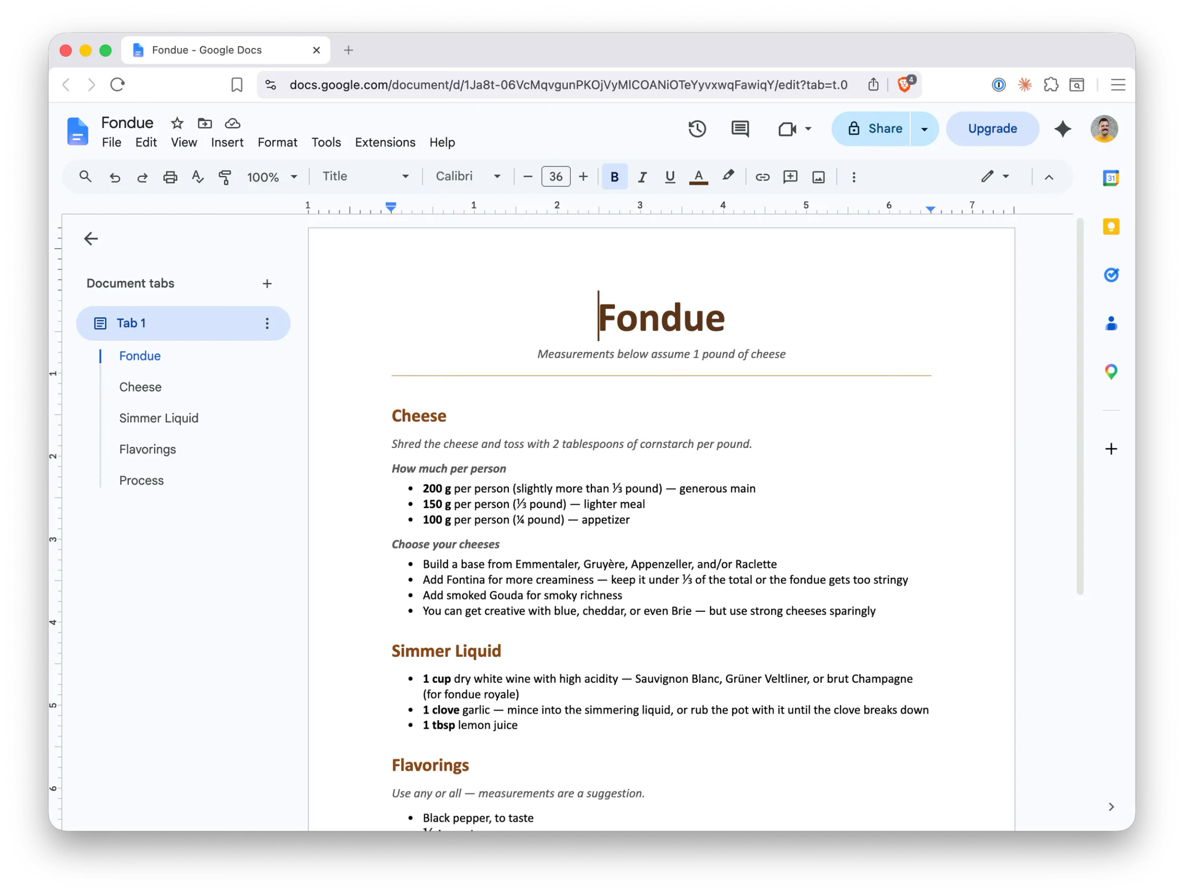 A screenshot of Google Docs editing a fondue recipe