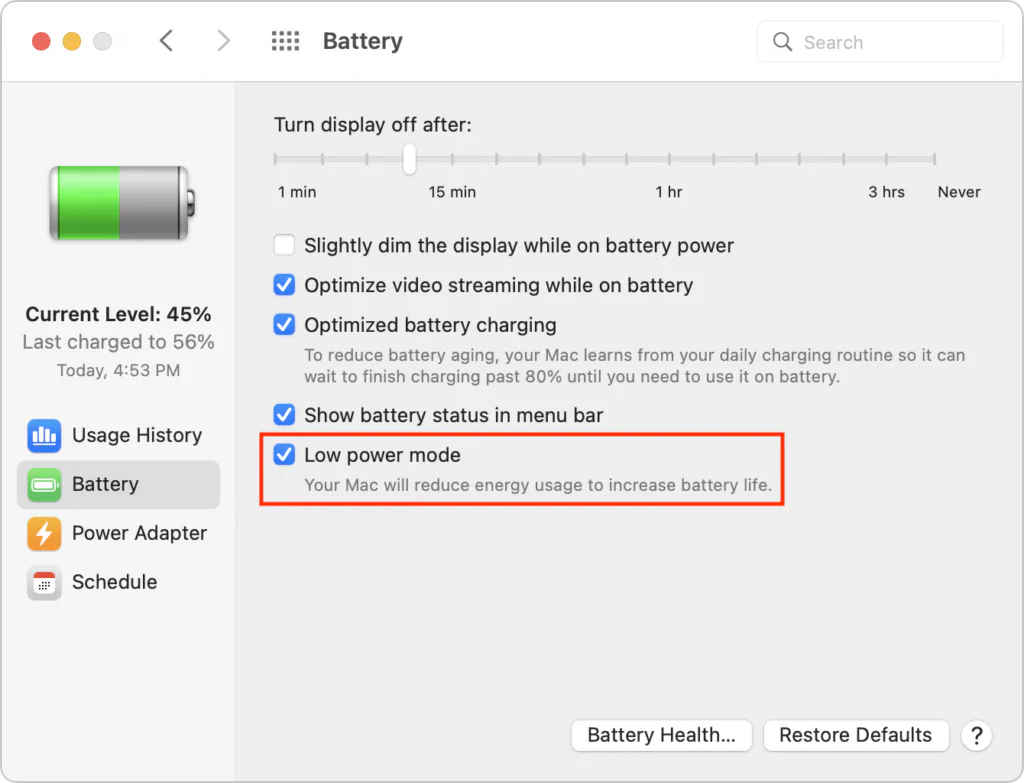 Apple device screenshot showing Q Search Turn display off after: 1 min