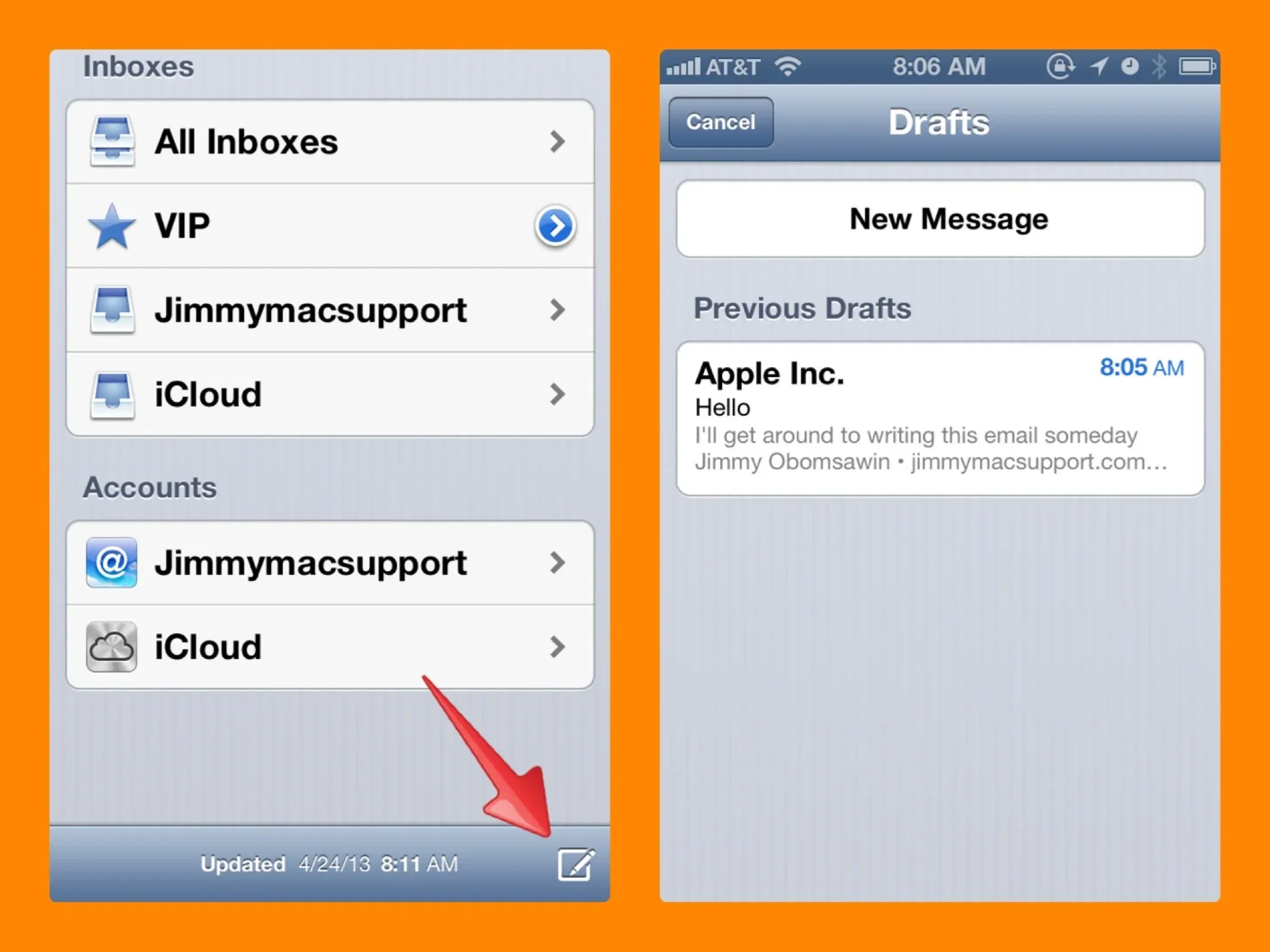 iPhone Mail showing the shortcut for opening a draft message