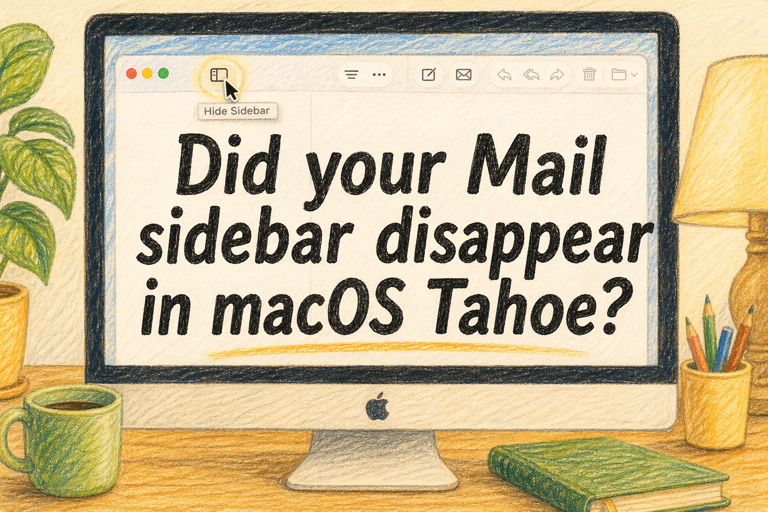 Colored pencil illustration of Apple Mail with a missing sidebar and a highlighted toolbar button
