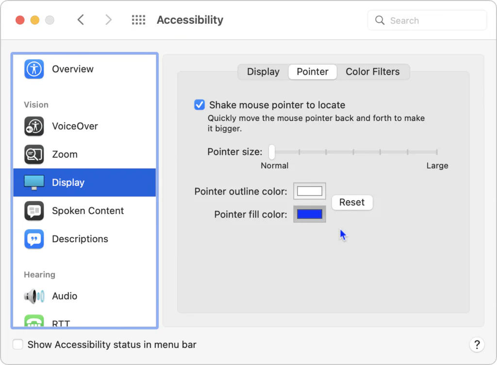 Mac Accessibility Pointer settings for changing pointer size, outline color, and fill color