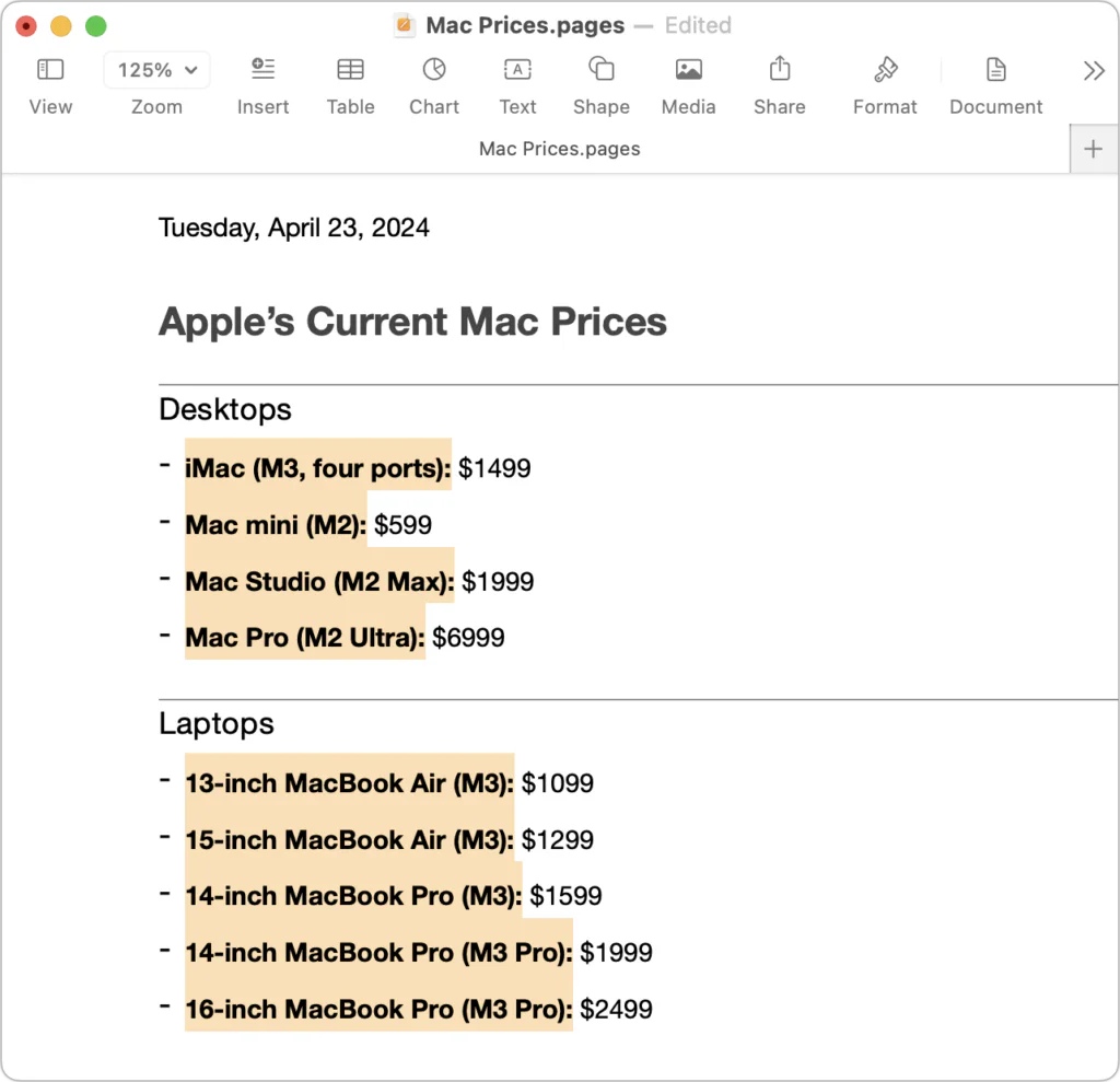 Pages document with noncontiguous Mac model names selected