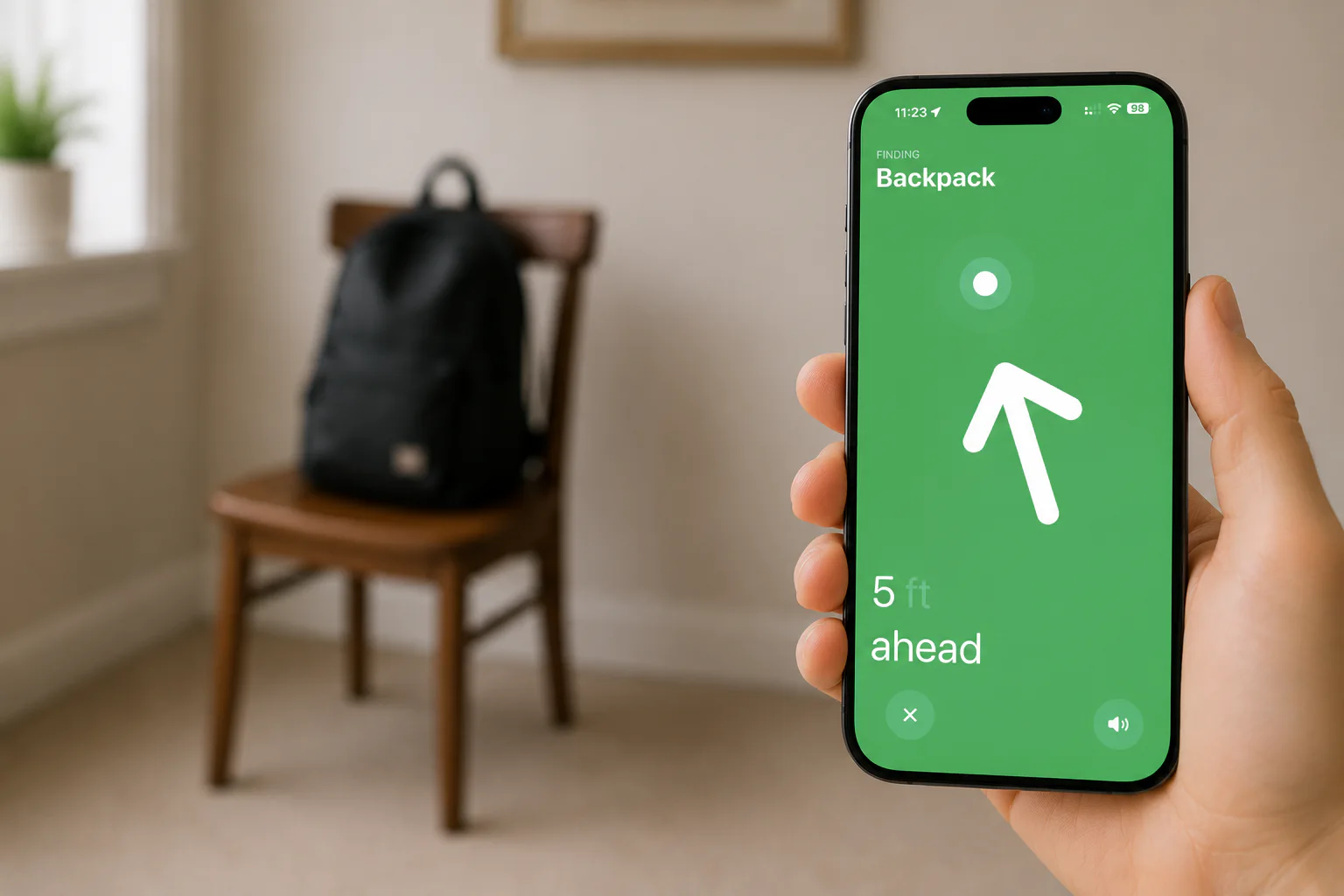 An iPhone held in a hand. On screen it reads "Backpack, 5 ft ahead". A backpack, out of focus, is in the background on a chair