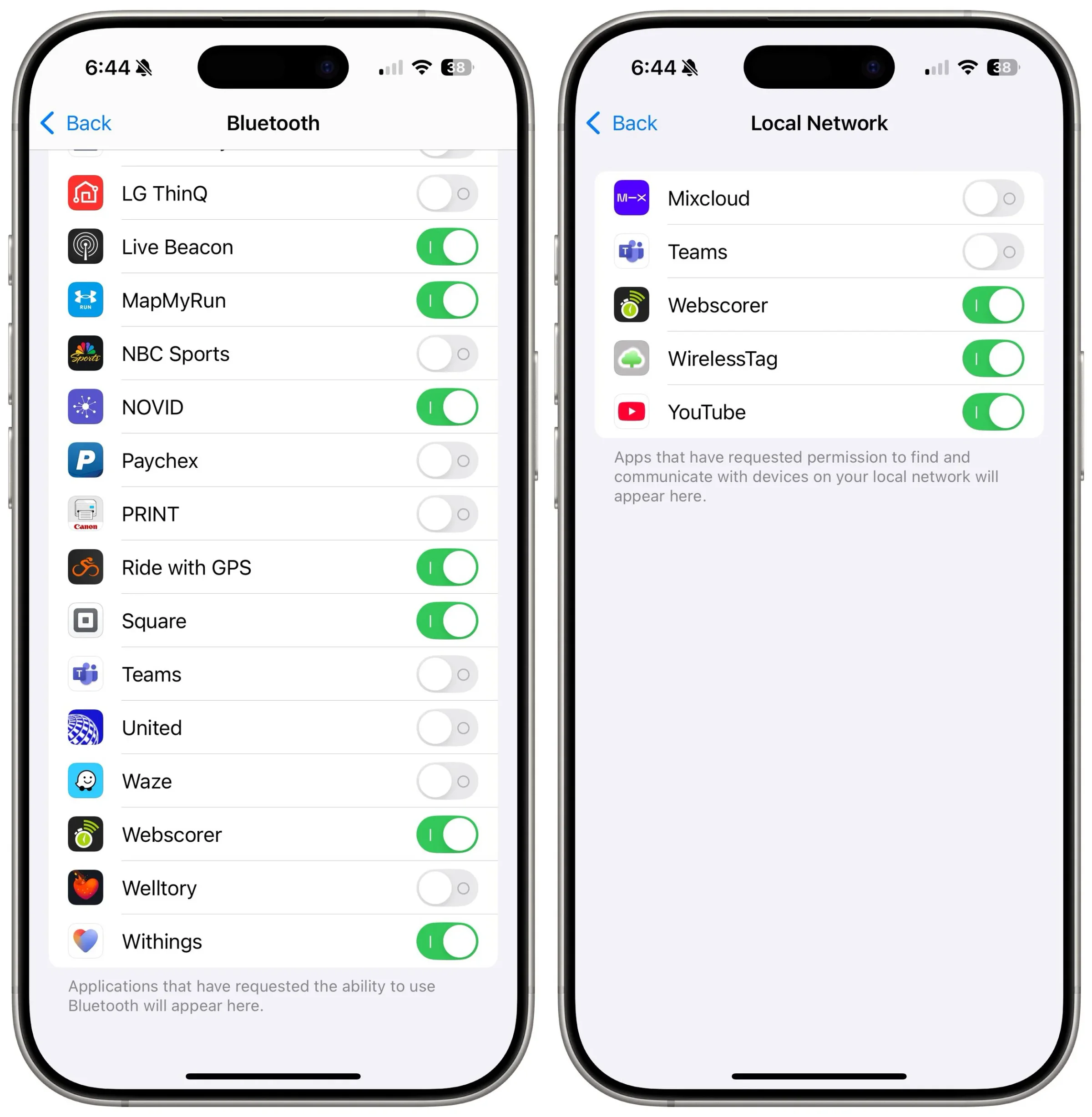 iPhone Privacy settings listing apps with Bluetooth and Local Network access