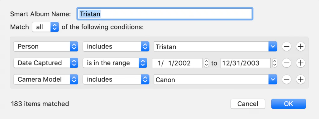 Photos Smart Album dialog filtering for a person, date range, and camera model