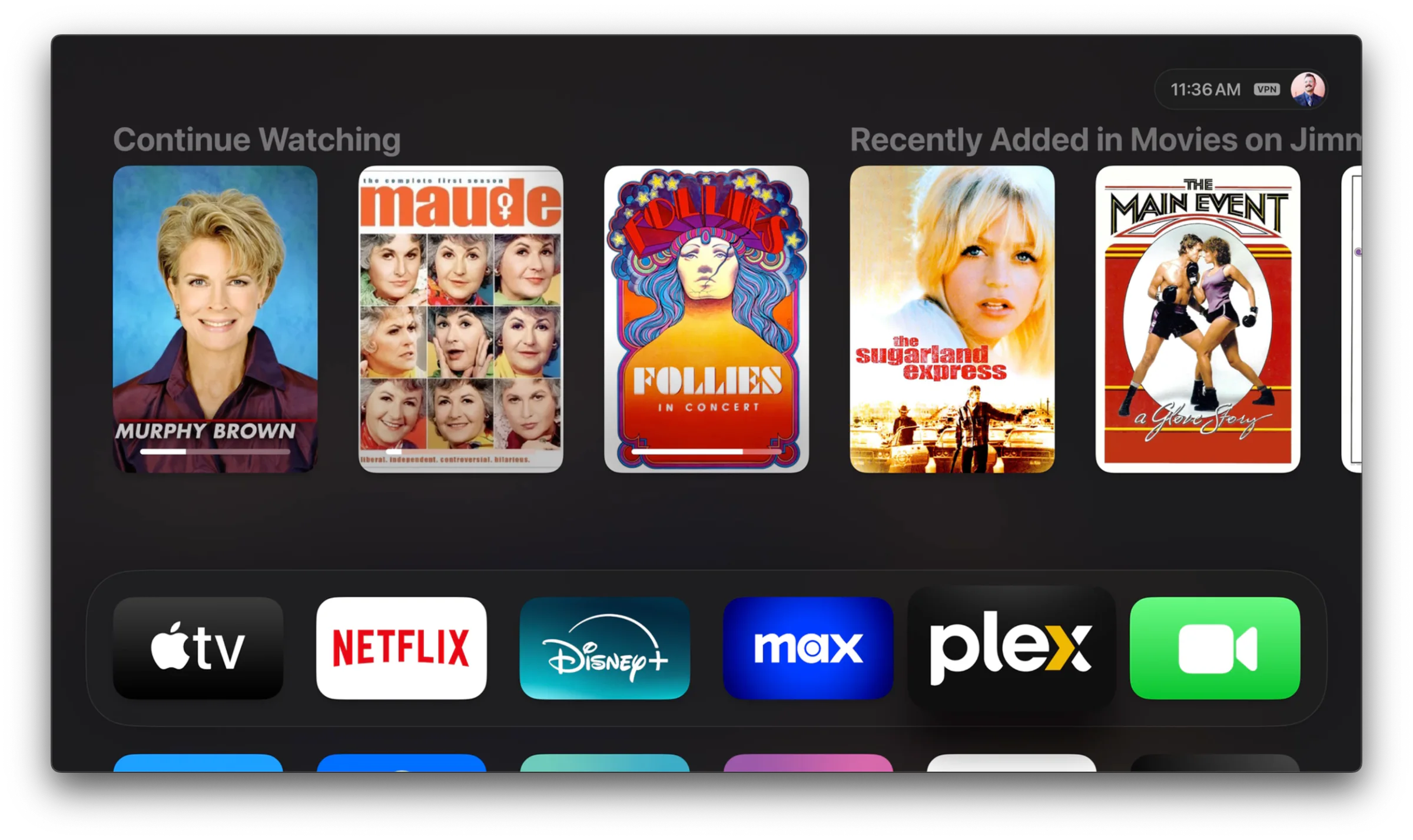 Apple TV Continue Watching row above streaming app icons
