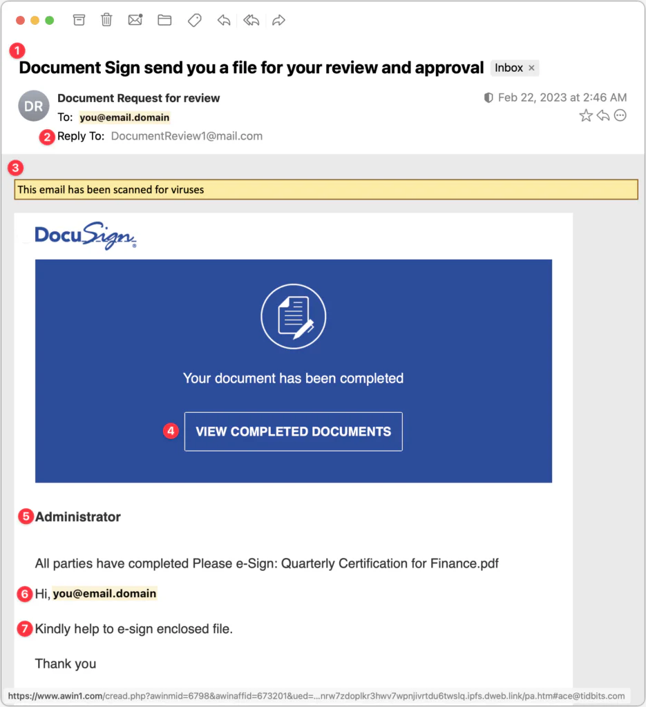 screenshot showing Document Sign send you a file for your review and approval Inbox × Document Request for review To