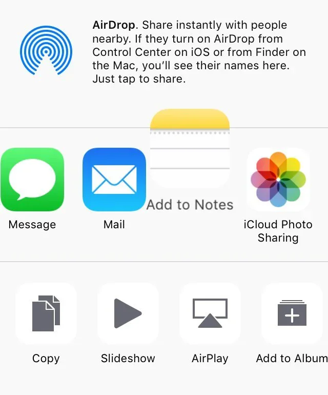 iPhone screenshot showing AirDrop. Share instantly with people nearby. If they turn on AirDrop from Control Center on iOS or from