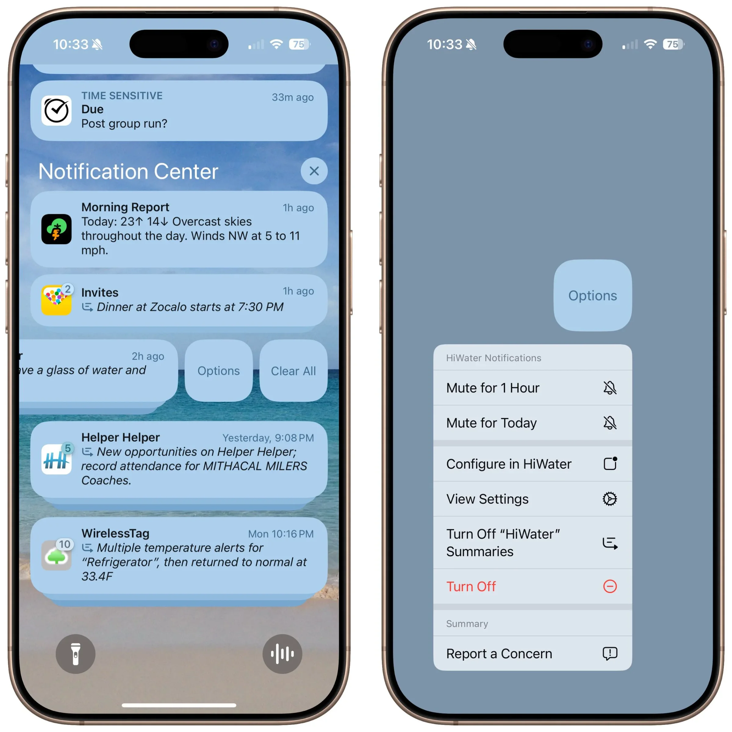Two iPhones showing notification summaries and their options menu