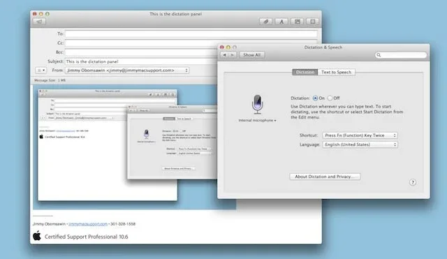 Mac Dictation settings layered over an email composed using spoken text