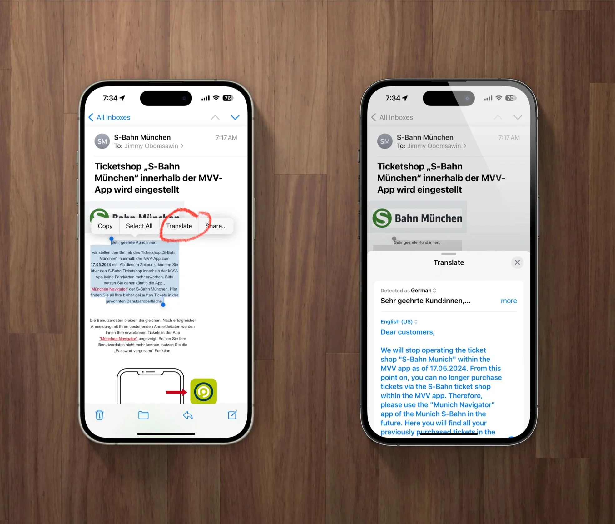 Apple device screenshot showing < All Inboxes S-Bahn München To: Jimmy Obomsawin >