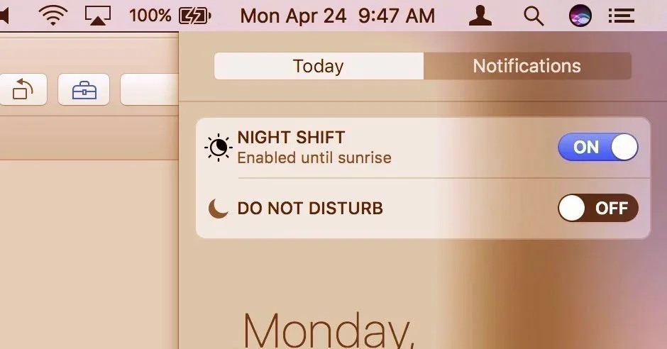 Mac Notification Center showing Night Shift turned on until sunrise