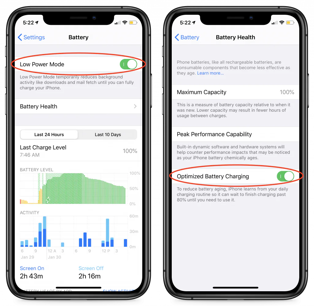 iPhone Battery settings with Low Power Mode and Optimized Battery Charging highlighted