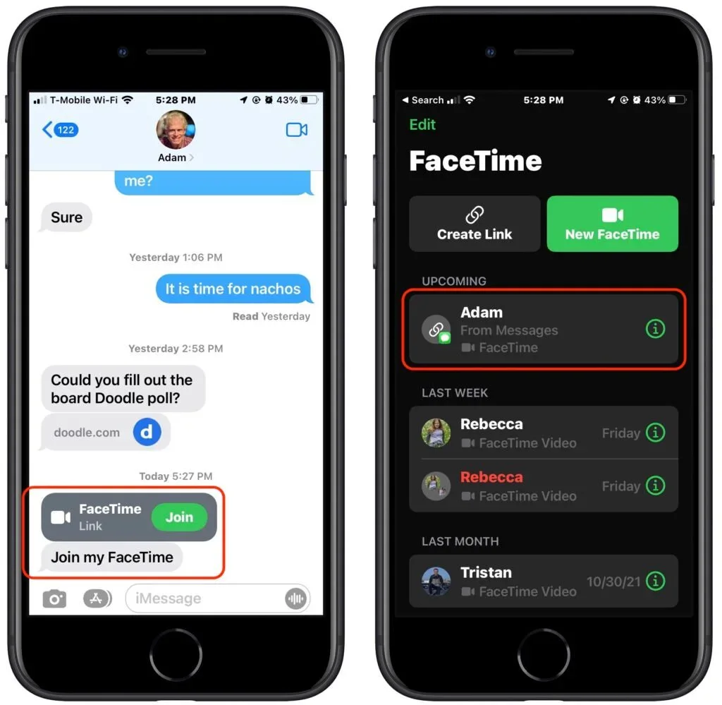 Messages and FaceTime screens showing how to create and join a FaceTime link