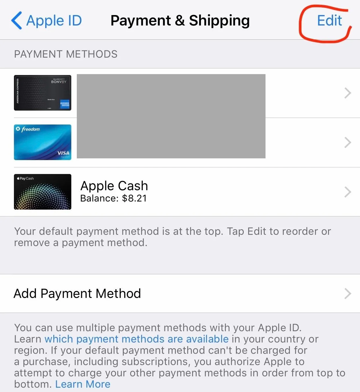 Apple Account Payment and Shipping screen with the Edit button circled