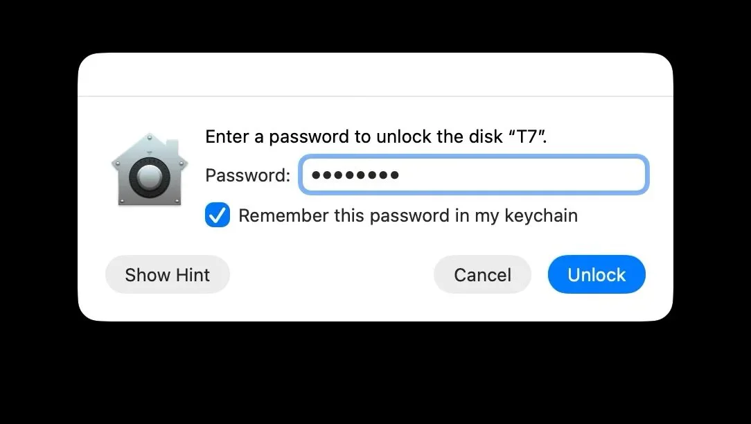 Mac screenshot showing Enter a password to unlock the disk "T7". Password: Remember this password in my keychain