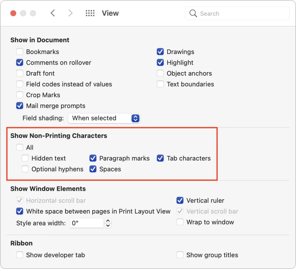 Microsoft Word View settings for nonprinting characters and document marks