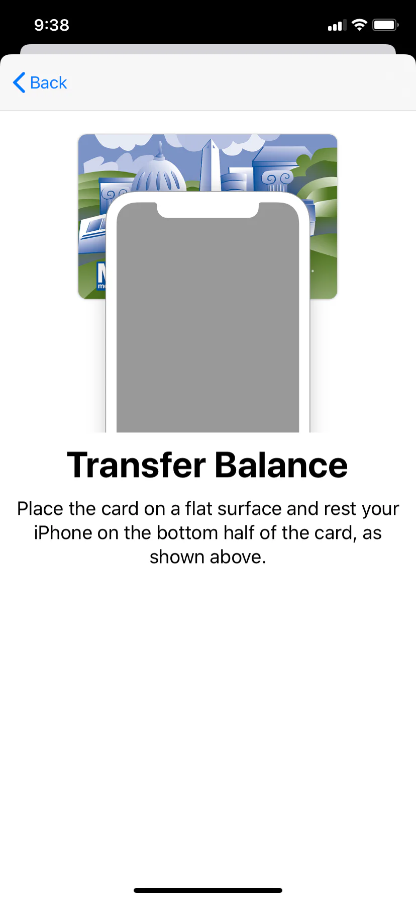 SmarTrip app screen for transferring the balance from a physical card