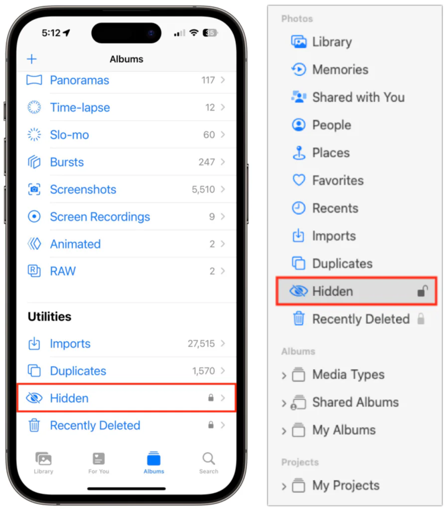 iPhone and Mac Photos sidebars with the Hidden album highlighted
