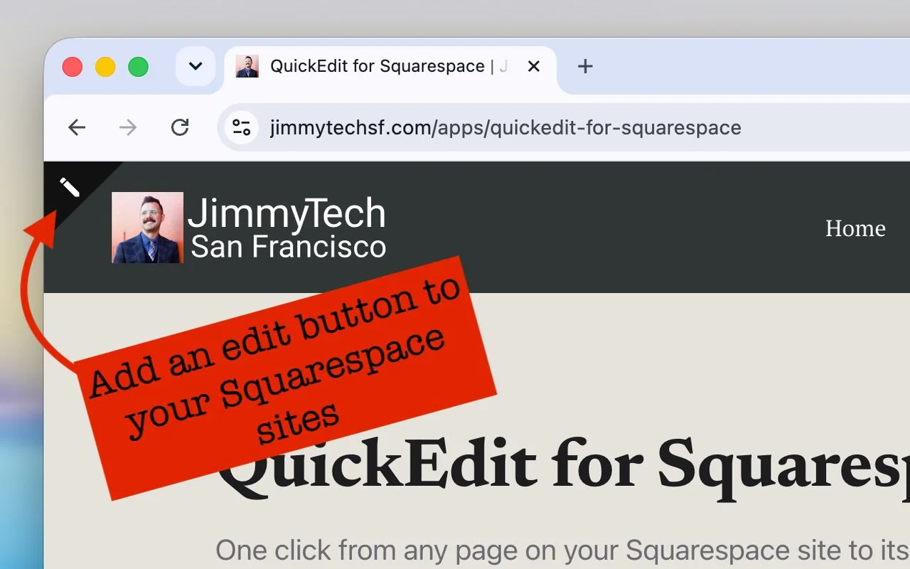 The QuickEdit pencil in the top-left corner of a page on a Squarespace site.