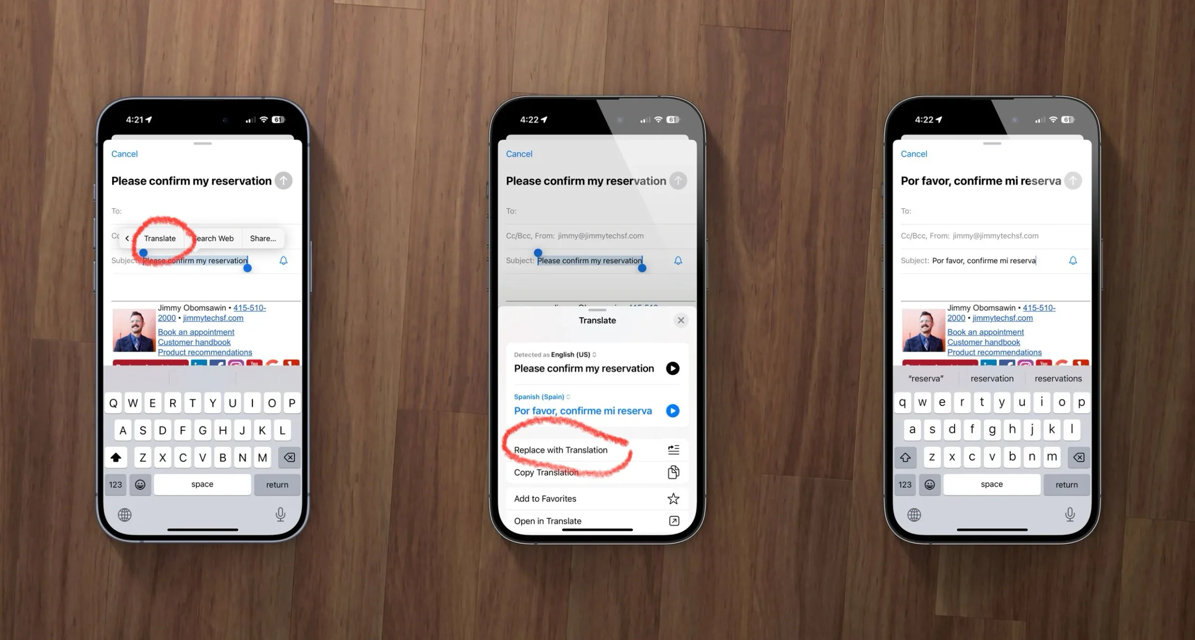 Apple device screenshot showing Please confirm my reservation Translate earch Web