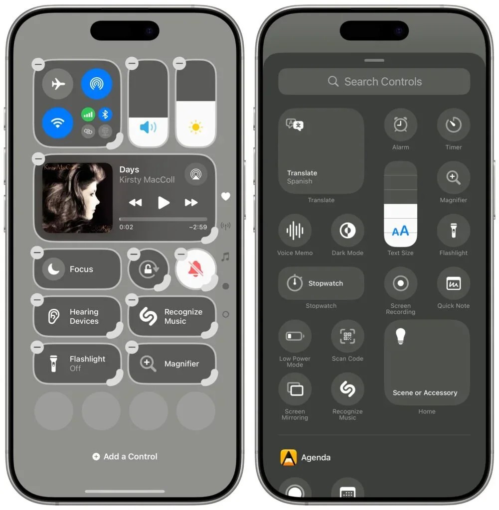 Two iPhone screens showing how to edit Control Center and add controls
