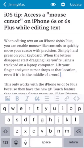 Animation demonstrating how pressing the iPhone keyboard turns it into a trackpad for moving the text cursor