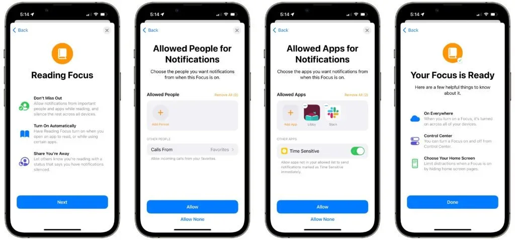 Four iPhones showing how to choose people and apps allowed during a Focus mode